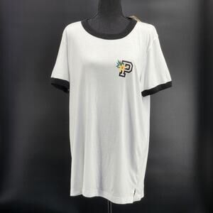 PINK Floral P Logo White T-Shirt with Black Collar and Cuffs Womens Sz Medium